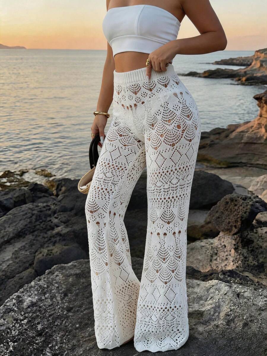 Elenzga Pantalones de suéter elegantes y de punto hueco para mujer - Beis - Ver 1