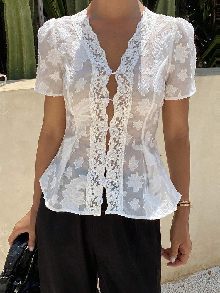Contrast Lace V-Neck Short Sleeve Elegant Vacation Sexy Summer Top Blouse For Women