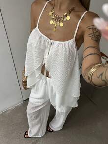 DAZY Conjunto de 2 piezas con top de tirantes blanco holgado y fluido, y pantalones de pierna ancha - Blanco - Ver 5