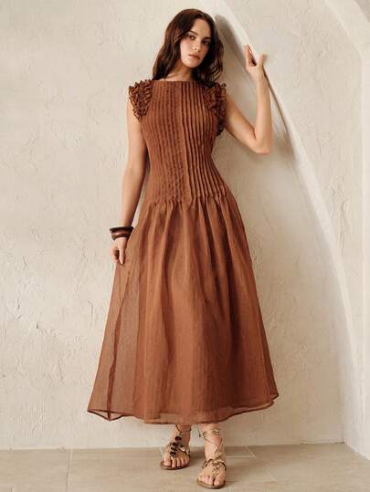 Aveloria Rosie Spring/Summer New French Romantic Retro Terracotta Brown Faux Linen Texture Round Neck Layered Ruffle Decor Sleeveless Pleated Dress, Luxury High-End Waist Slimming, Elegant Commute Casual Holiday Versatile, Suitable For Evening Party, Lightweight Linen-Like Fabric, Artistic