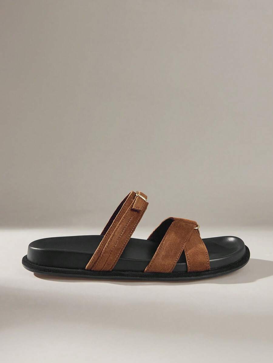 Solecia Women's Retro Style Buckle Simple Design Elegant Temperament Versatile Comfortable Flat Sandals, Suitable For Commuting, Dating, Parties, Celebrations, Weddings, Vacations And Other Occasions Summer - Brown - View 1