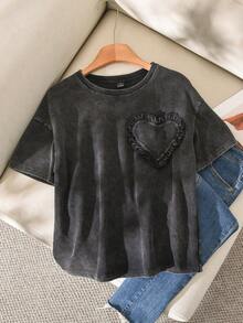Story & Sage Women's Casual Retro Vintage Vacation Washed Snow Floral T-Shirt, Loose Fit Short Sleeve Dark Grey T-Shirt With Heart Design, Spring/Summer Everyday - Black - View 4