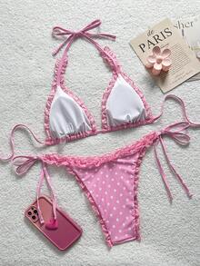 Swim Mod Bộ bikini hai mảnh in hoa, viền lưới, kiểu cổ yếm, đồ bơi gợi cảm. - Nhiều màu - Xem 2