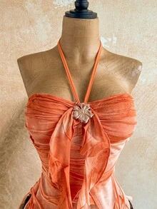 Soleia Áo kiểu nữ cổ buộc dây, viền bèo nhún, thời trang, đa năng, thích hợp cho các buổi hẹn hò và đi chơi. - trái cam - Xem 4