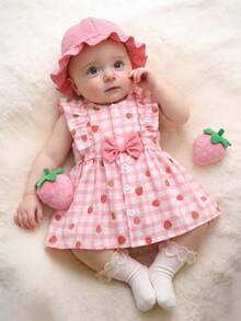 SHEIN Đầm bé gái sơ sinh mùa hè màu mơ, cổ tròn, xếp ly, in hình quả anh đào hoạt hình, không tay, nơ đỏ, kèm mũ đỏ, thanh lịch và dễ thương. - Hồng - Xem 1