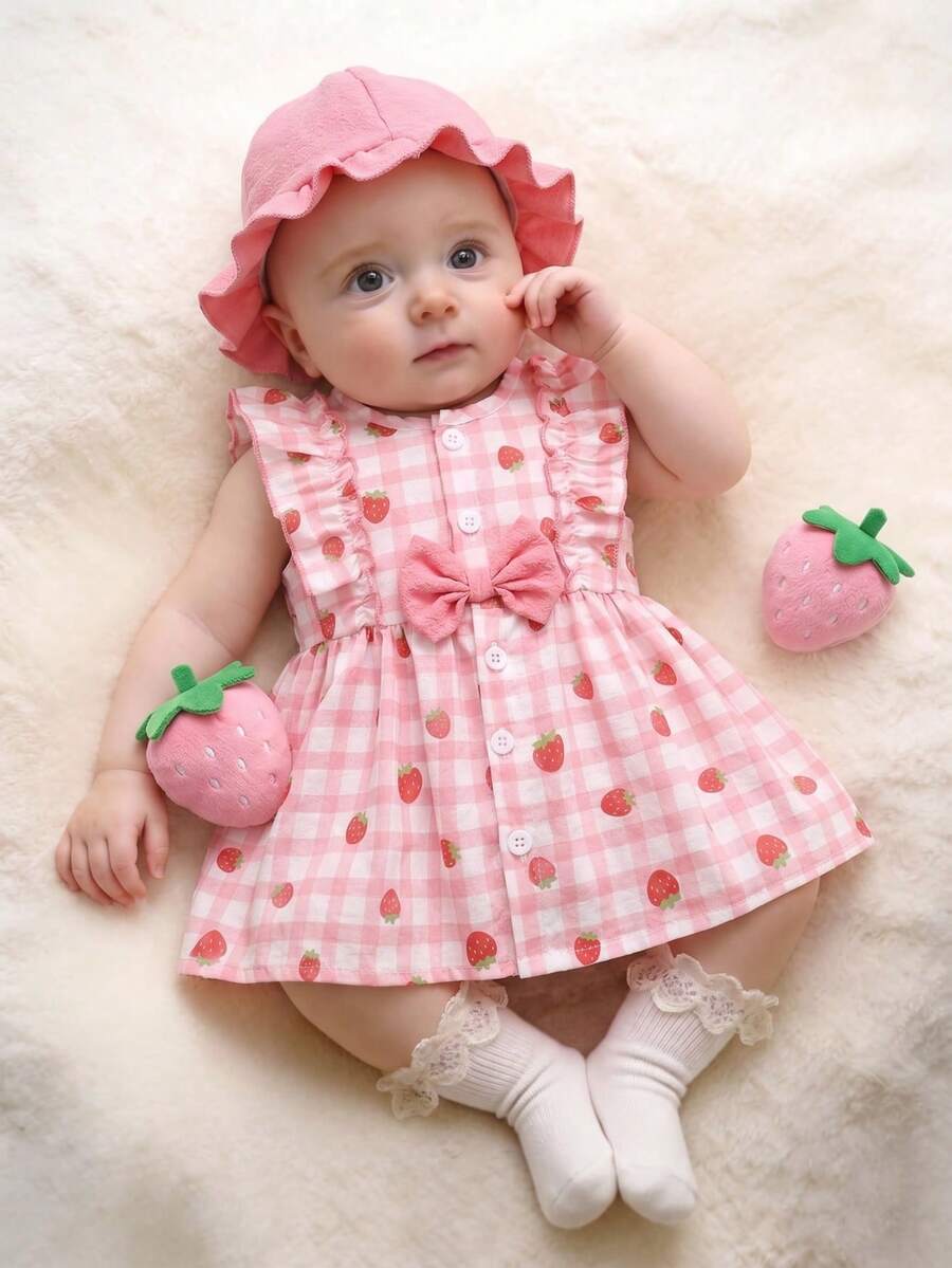 SHEIN Đầm bé gái sơ sinh mùa hè màu mơ, cổ tròn, xếp ly, in hình quả anh đào hoạt hình, không tay, nơ đỏ, kèm mũ đỏ, thanh lịch và dễ thương. - Hồng - Xem 1