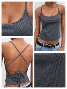 Maija Áo camisole nữ không tay, hở lưng, buộc dây, thiết kế trang trí kim loại, phong cách tối giản đô thị. - Xám - Xem 4