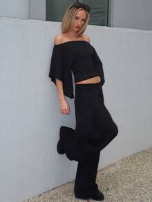 Brooke Lily Women's Off Shoulder Cinched Waist Vintage Punk Style T-Shirt - Black - View 2