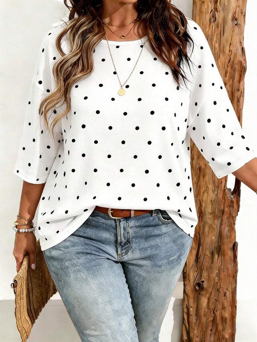 EMERY ROSE Plus Size Women Casual Minimalist Polka Dot Print Drop Shoulder T-Shirt, Suitable For Summer - Multicolor - View 1