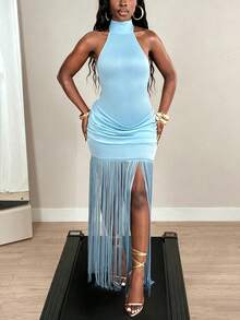 SHEIN BamGlam Vestido de mujer con cuello halter, plisado y con flecos en el bajo, versátil y de moda, adecuado para citas y festivales de música - Azul - Ver 5