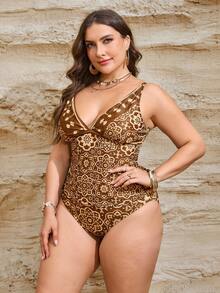SHEIN Swim Curve Plus Size Digital Print Casual Boho Vacation Tankini Swimwear Beach Summer - Multicolor - View 1