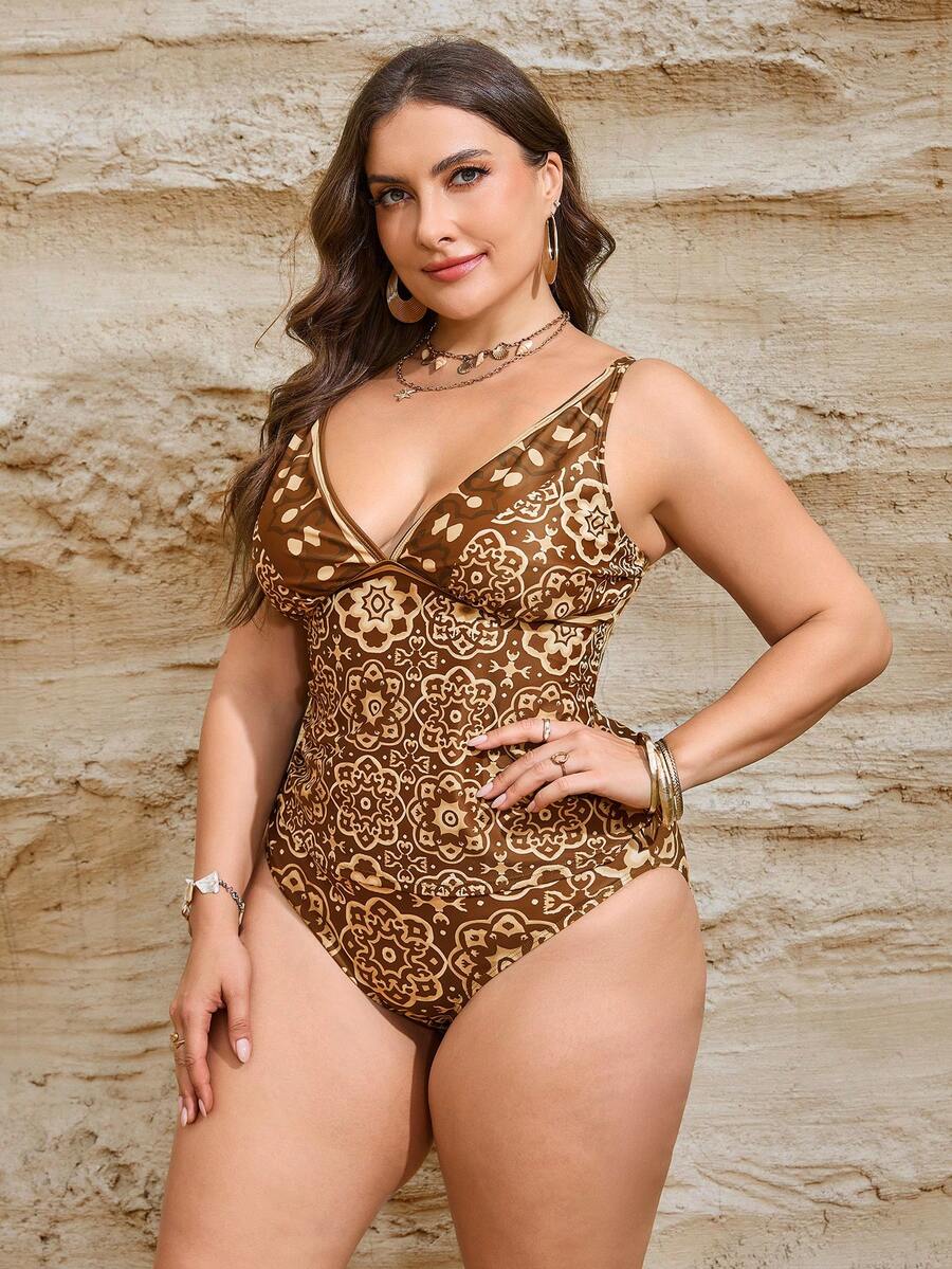 SHEIN Swim Curve Plus Size Digital Print Casual Boho Vacation Tankini Swimwear Beach Summer - Multicolor - View 1