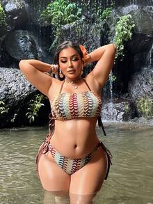 Swim SXY 2026 New Plus Size Women Beach Vacation Braided Strap Baseball Print Top And Side Braided Tie Pants Sexy Swimwear Set - Multicolor - View 4