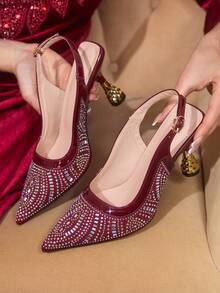 CUCCOO TILAWA Women's Pointed Toe High Heels, Fully Decorated With Rhinestones, Adjustable Strap Design, Suitable For All Seasons - Elegant And Comfortable Middle Eastern Style Street Wear, Suitable For Valentine's Day, Office And Casual Occasions - Burgundy - View 6