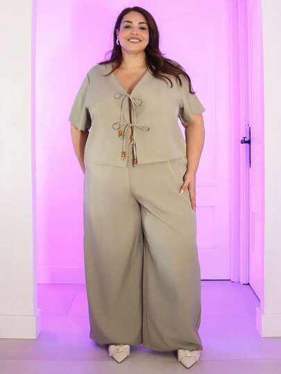 Pretty and Ole 大码女式夏季纯色短袖系带衬衫和裤子两件套休闲装