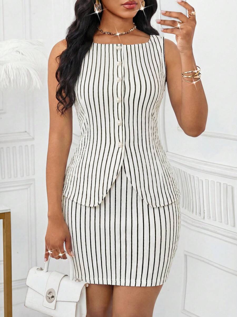 SHEIN Lady Bộ đồ 2 món thanh lịch dành cho nữ: áo vest đơn cài khuy và chân váy ngắn kẻ sọc. - Đen và trắng - Xem 1