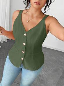 SHEIN PETITE 大码女式休闲单排扣马甲，适合通勤和办公穿着 - 綠色 - 查看 4
