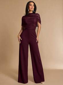 Silquee Women's Solid Color Pleated Wide Leg Elegant Jumpsuit - Maroon - View 3