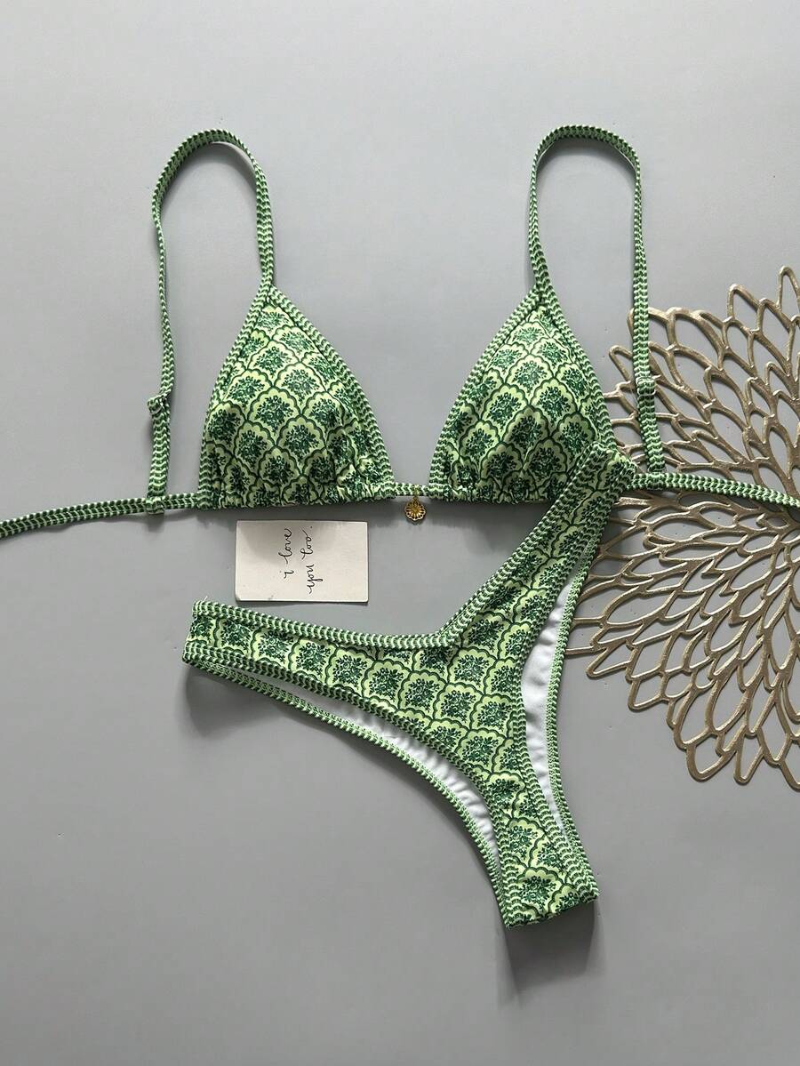 Swim Mod Conjunto de bikini sexy con tirantes finos y estampado floral aleatorio para mujer, verano - Multicolor - Ver 1