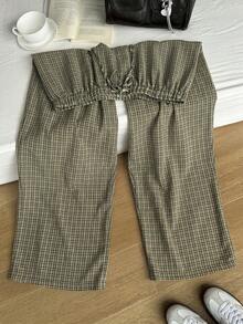 Comfortcana Summer Solid Color Pleated Loose Drawstring Waist Casual 90s Wide Leg Pants, Plus Size Plaid Countryside Style Checkered Trousers For Women, Khaki - Multicolor - View 3