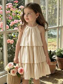 SHEIN 1 chiếc đầm không tay màu tím xếp ly bằng vải chiffon, có bèo nhún ở gấu váy, thích hợp cho kỳ nghỉ biển và mặc mùa hè. - Màu be - Xem 3