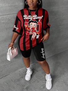 Slaydiva Betty Boop x SHEIN 大码女式基础休闲复古可爱黑红条纹印花两件套，春夏款 - 彩色 - 查看 4