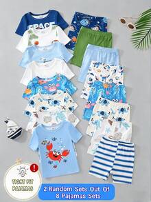 [2 Bộ/8 Bộ] Bộ đồ ngủ ngắn tay in hình hoạt hình mùa hè cho bé trai, chủ đề đại dương tươi mát, màu xanh dương, trắng, xanh lá cây, mềm mại, thoáng khí, co giãn, ôm sát, tay ngắn và quần short, đồ mặc nhà, đồ ngủ có thể mặc ngoài trời. - Nhiều màu - Xem 5