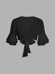 Qadelle Áo crop top tay dài buộc nơ phía trước màu trơn dành cho nữ, mặc thường ngày - màu đen - Xem 3