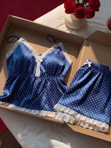 Comfortcana 夏季休闲波点印花蕾丝边吊带背心和短裤套装 - 彩色 - 查看 6