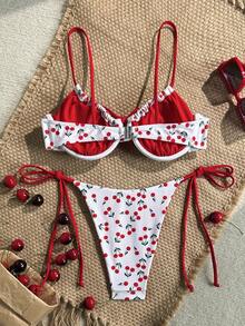 Swim Mod Spring/Summer Digital Print Underwire Cami Top And Side Tie Swim Bottoms Women Cute Bikini Set For Beach Vacation - White - View 2