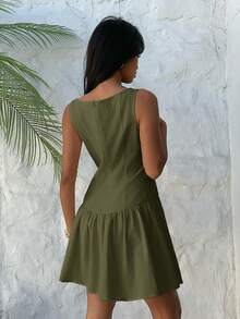 Aloruh Đầm ngắn không tay màu vàng nhạt, đầm công sở thanh lịch, đầm màu trơn. - xanh quân đội - Xem 4