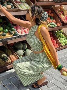 Serisse Women's Casual Vacation Green Plaid Criss-Cross Crop Halter  Top And Wide Leg Pants Casual 2 Pieces Set,Green Two Piece Set, Summer Pant Set, Boho Two Piece Set,Slimming Casual Set,Summer Vacation Outfits,Holiday Outfits For Women, Summer Outfits For Women , Holiday Outfits Western Wear Women Summer Holiday Outfits,Vacation Outfits For Women Resort, Summer 2 Piece Sets Woman Casual Two Piece Set Comfortable Two Piece Set - Green - View 3