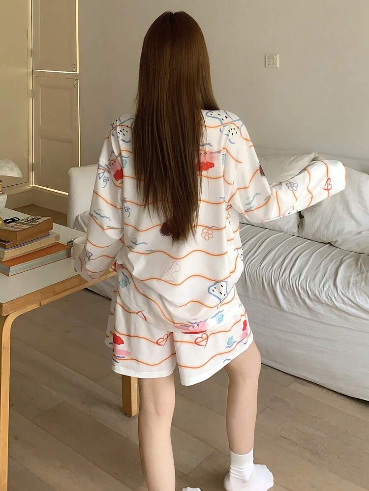 2pcs/Set Women Loose Long Sleeve Crop Top And Shorts Pajama Set, Summer