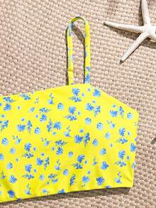SHEIN 少女比基尼套装，休闲可爱蓝黄碎花印花，针织面料两件式泳衣，可调节肩带，适合游泳、海滩、泳池、夏季度假、假日穿着 - 黃色 - 查看 3