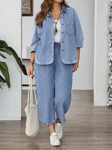 EMERY ROSE EMERY ROSE Plus Size Simple Casual Turn-Down Collar Denim Top Suitable For Daily Wear - Light Wash - View 3