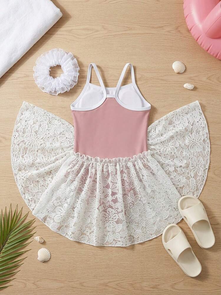 1pc Girls Lace Princess Swimsuit, One-Piece Swimwear For Young Girl, Vacation Summer