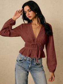 Poéselle Women's Casual Versatile Solid Color Cinched Waist Shirt,Summer Top - Redwood - View 4