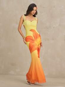 SHEIN Tall New Romantic Pastal Ombre Floral Mesh Print Fitted Stretchy Sexy Backless Bodycon Dress With Lace Trim, Tall Women Golf Summer - Yellow - View 1