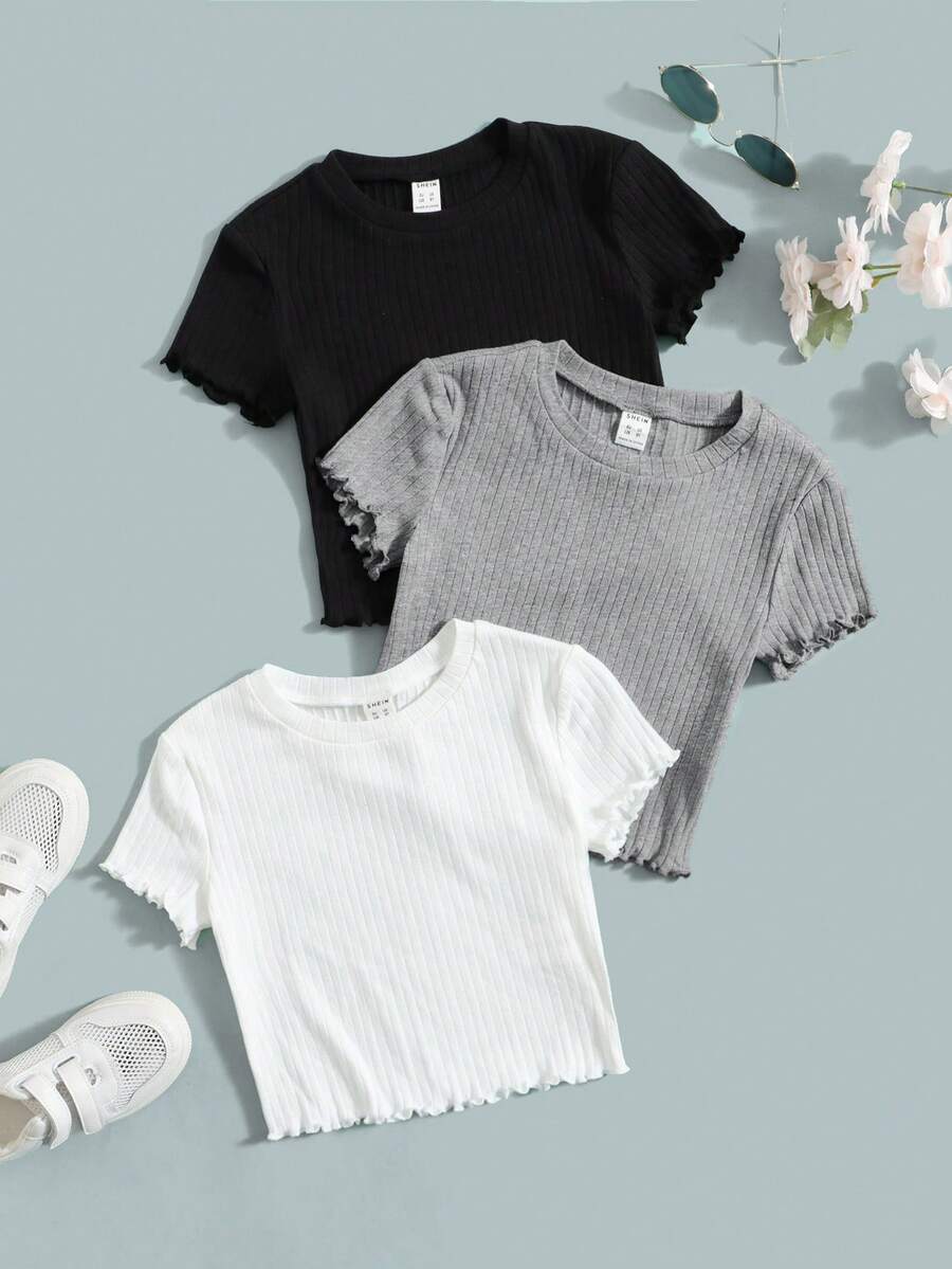 SHEIN Set de 3 camisetas de manga corta con volantes acanalados de color sólido para niñas preadolescentes, talla grande - Gris - Ver 1