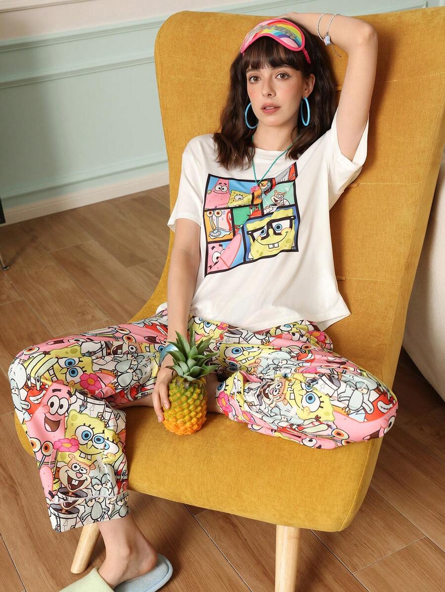 Chillnights SpongeBob SquarePants | SHEIN 女士短袖针织圆领睡衣套装,配宽松裤子 - 彩色 - 查看 1