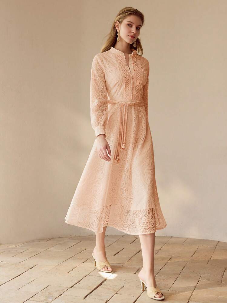 WOMEN'S ELEGANT LACE PATCHWORK MID-LENGTH DRESS