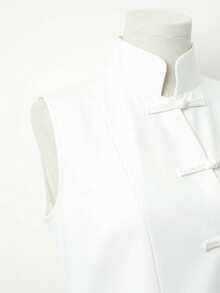 Franclia New Chinese Style Cheongsam Inspired Sleeveless Top, Stand Collar, Button Decor, Asymmetrical Waist Design, Versatile Spring/Summer Blouse For Women - White - View 5