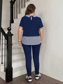 SHEIN LUNE Plus Size Women 2 Pieces Set: Button-Up Striped Blouse And Skinny Pants - Royal Blue - View 2