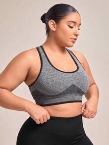 SHEIN Rhythm Era Contrast Trim Racerback Sports Tank Top, Seamless Fitted Workout Vest For Plus Size Women - Grey - View 4