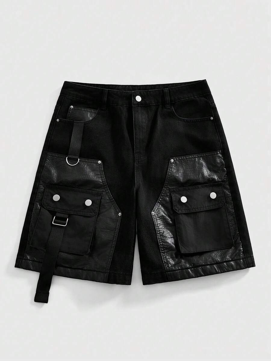 ROMWE MEN Pantalones cortos de mezclilla cargo de piel sintética con parches casuales para hombres - Negro - Ver 1