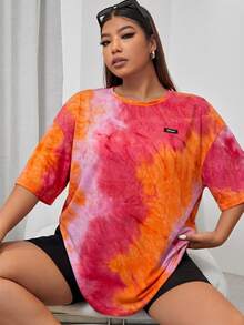 Muchica Plus Size Women's Casual Vacation Tie-Dye Print Decorative Dropped Shoulder Loose T-Shirt, Summer - Burnt Orange - View 5