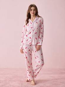 Bonmuse Striped Heart Print Women Bubble Crinkle Long Sleeve Pajama Set - Pink - View 3