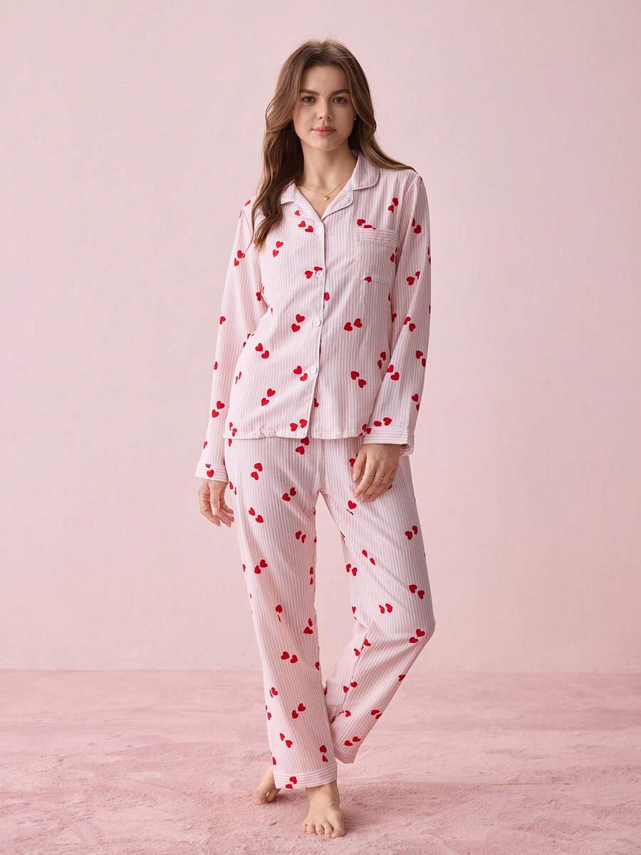Bonmuse Striped Heart Print Women Bubble Crinkle Long Sleeve Pajama Setfor Summer - View 1