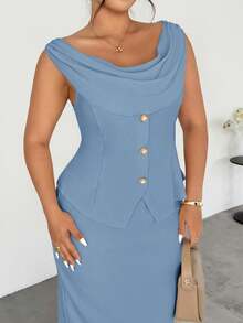 Firerie Conjunto de 2 piezas de talla grande con blusa de cuello drapeado y falda de unicolor elegante para uso diario, verano - Celeste - Ver 6