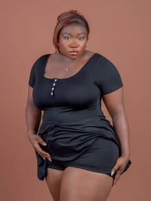 CurvyTilda Plus Size Women's Square Neck Black Short Sleeve Romper, Summer, For Hourglass Body Shape - Black - View 6
